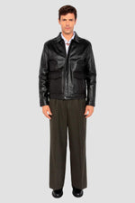 Black leather jacket with shirt collar and flap pockets - Image n°9