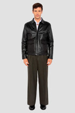 Black leather jacket with shirt collar and flap pockets - Image n°9