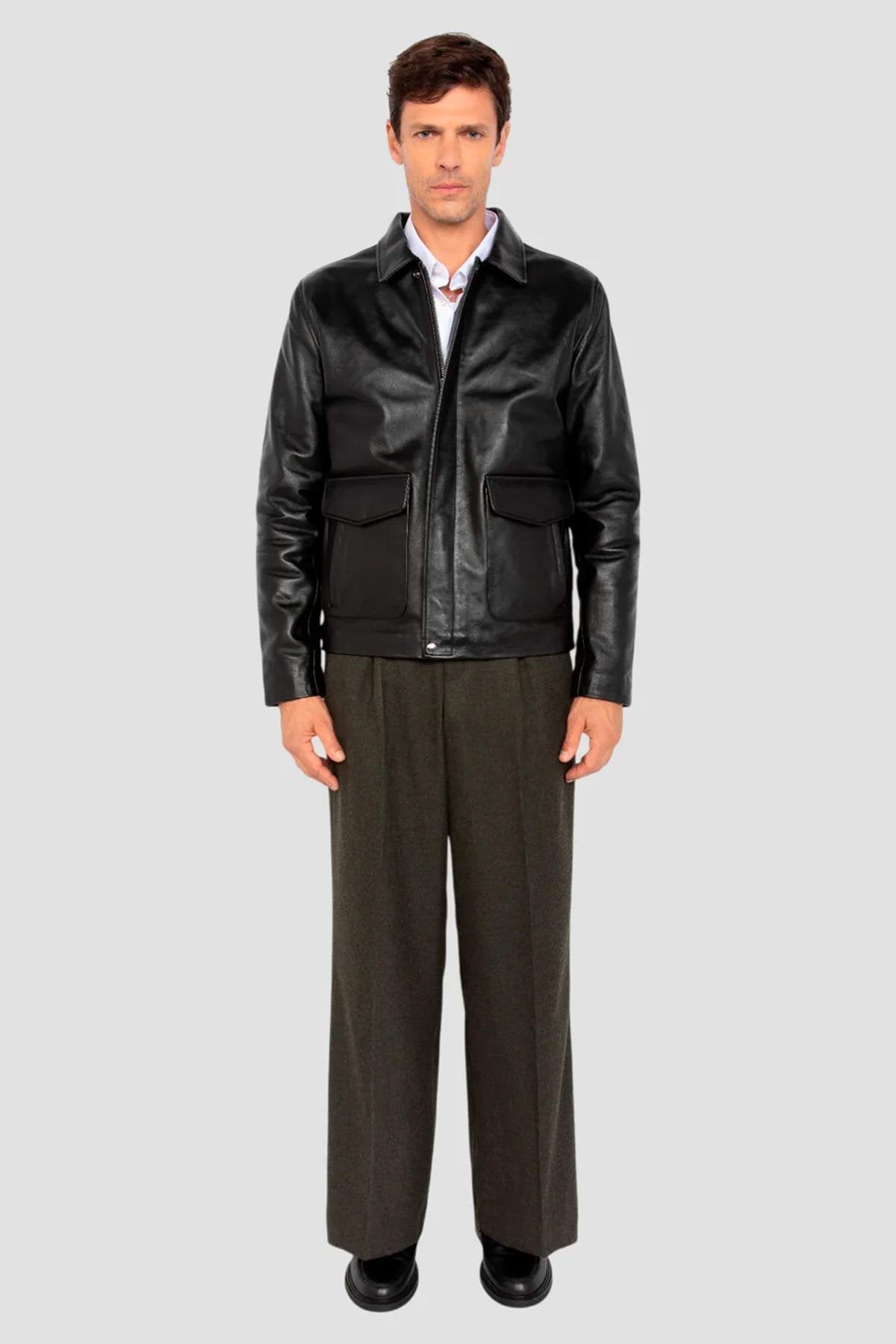 Black leather jacket with shirt collar and flap pockets - Image n°9