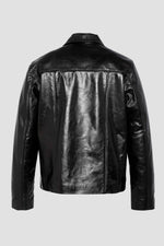 Black leather jacket with shirt collar and flap pockets - Image n°8