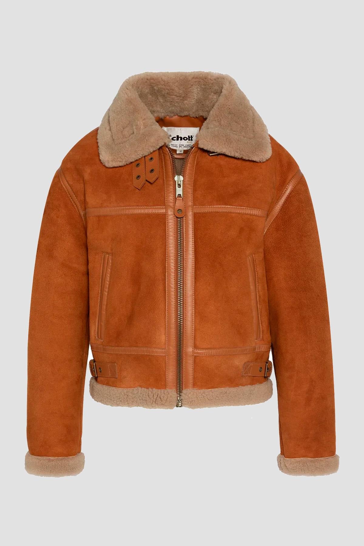 Schott's cinnamon shearling bomber. Cropped, cosy, and stylish. - Image n°4