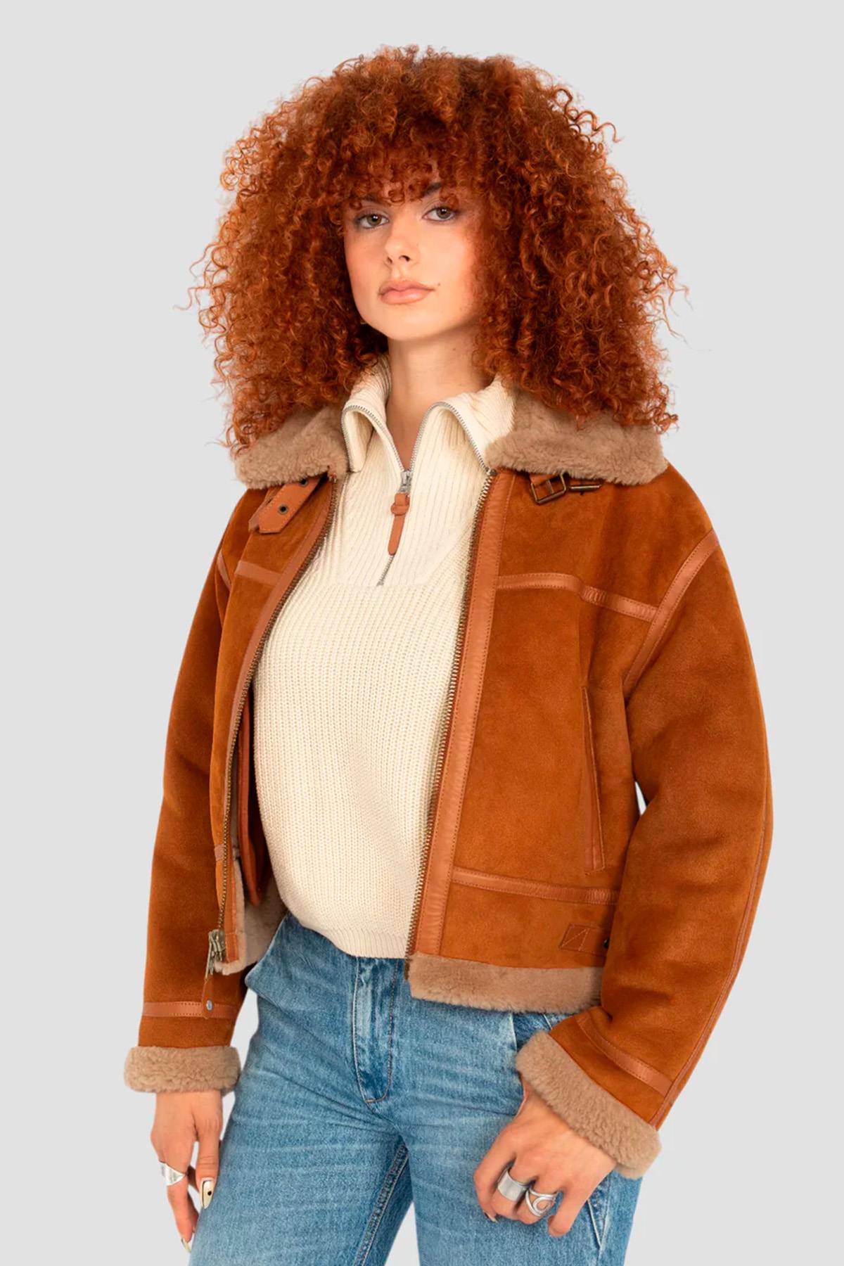 Schott's cinnamon shearling bomber. Cropped, cosy, and stylish. - Image n°6
