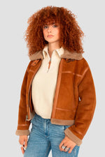 Schott's cinnamon shearling bomber. Cropped, cosy, and stylish. - Image n°6