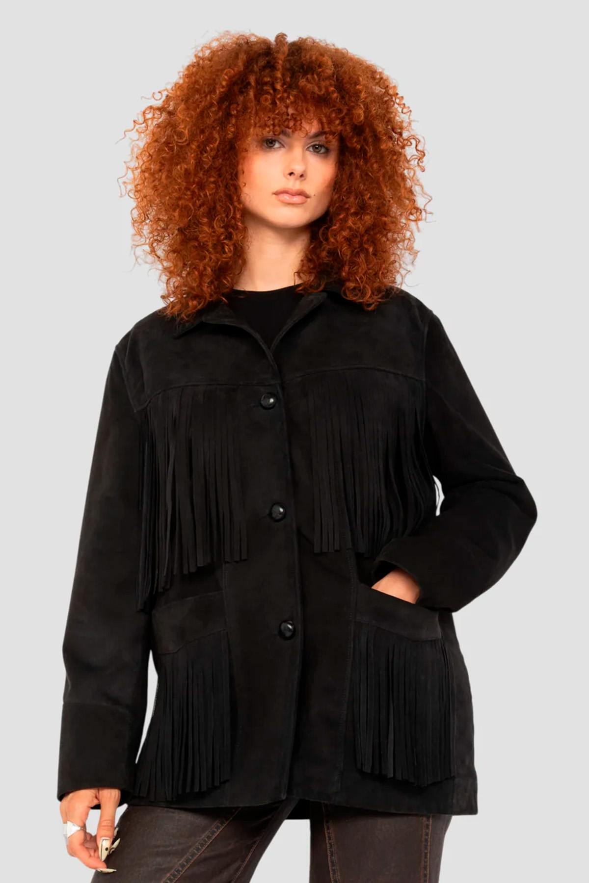 Black Western Suede Leather Jacket with Fringes - Image n°1