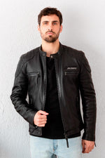 Black leather jacket with biker collar, racing style - Image n°1