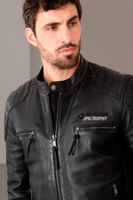 Black leather jacket with biker collar, racing style - Image n°2