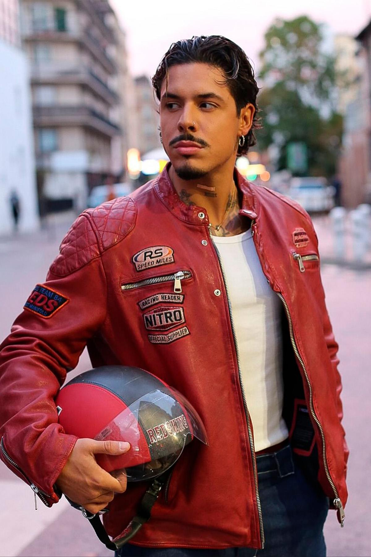 Redskins' lambskin biker jacket in bold Barcelona red. - Image n°1