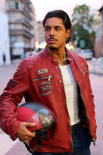 Redskins' lambskin biker jacket in bold Barcelona red. - Image n°1