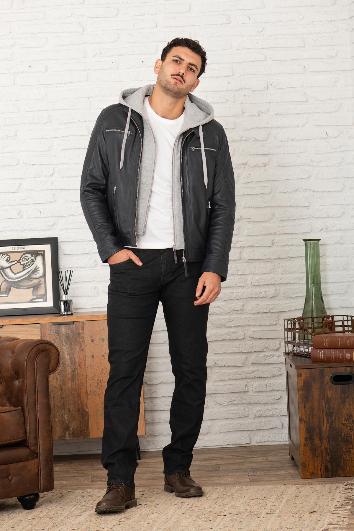 Blue leather jacket with removable gray hood - Image n°4