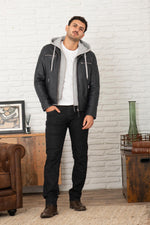 Blue leather jacket with removable gray hood - Image n°4