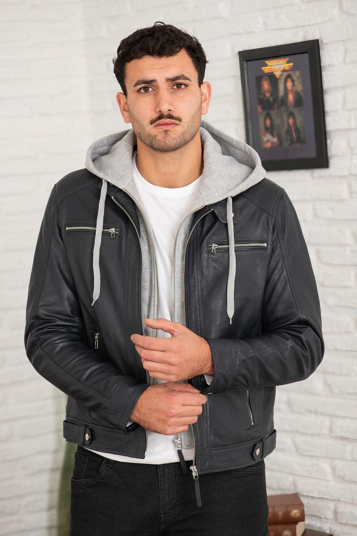 Slim-fit sheep leather biker jacket with a detachable jersey hood. - Image n°1
