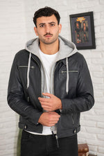 Blue leather jacket with removable gray hood - Image n°1