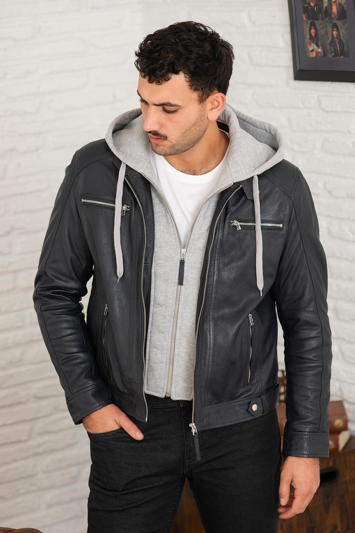 Blue leather jacket with removable gray hood - Image n°7
