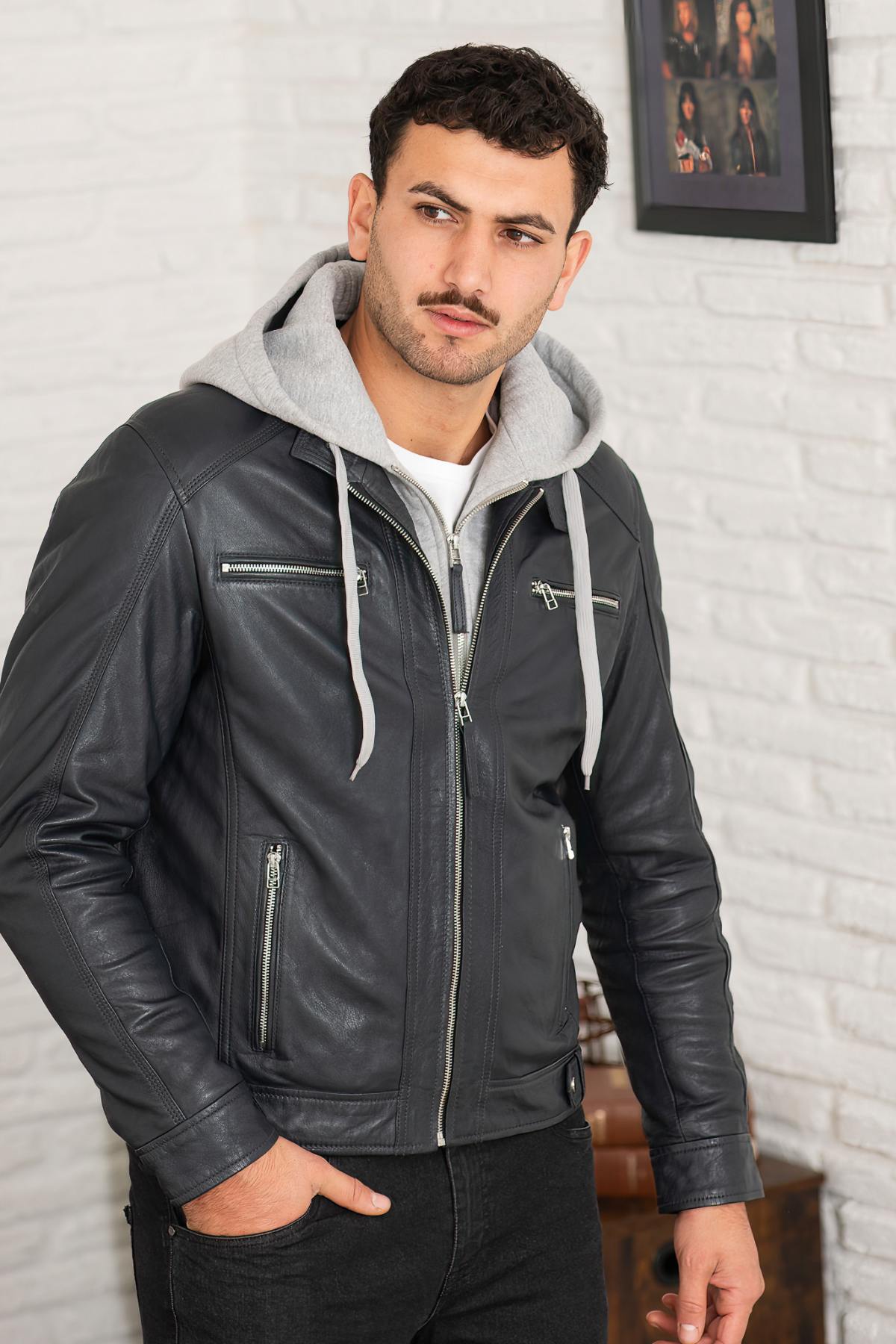 Blue leather jacket with removable gray hood - Image n°2