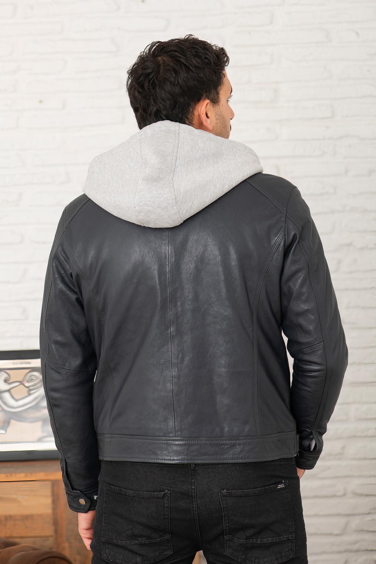 Slim-fit sheep leather biker jacket with a detachable jersey hood. - Image n°3