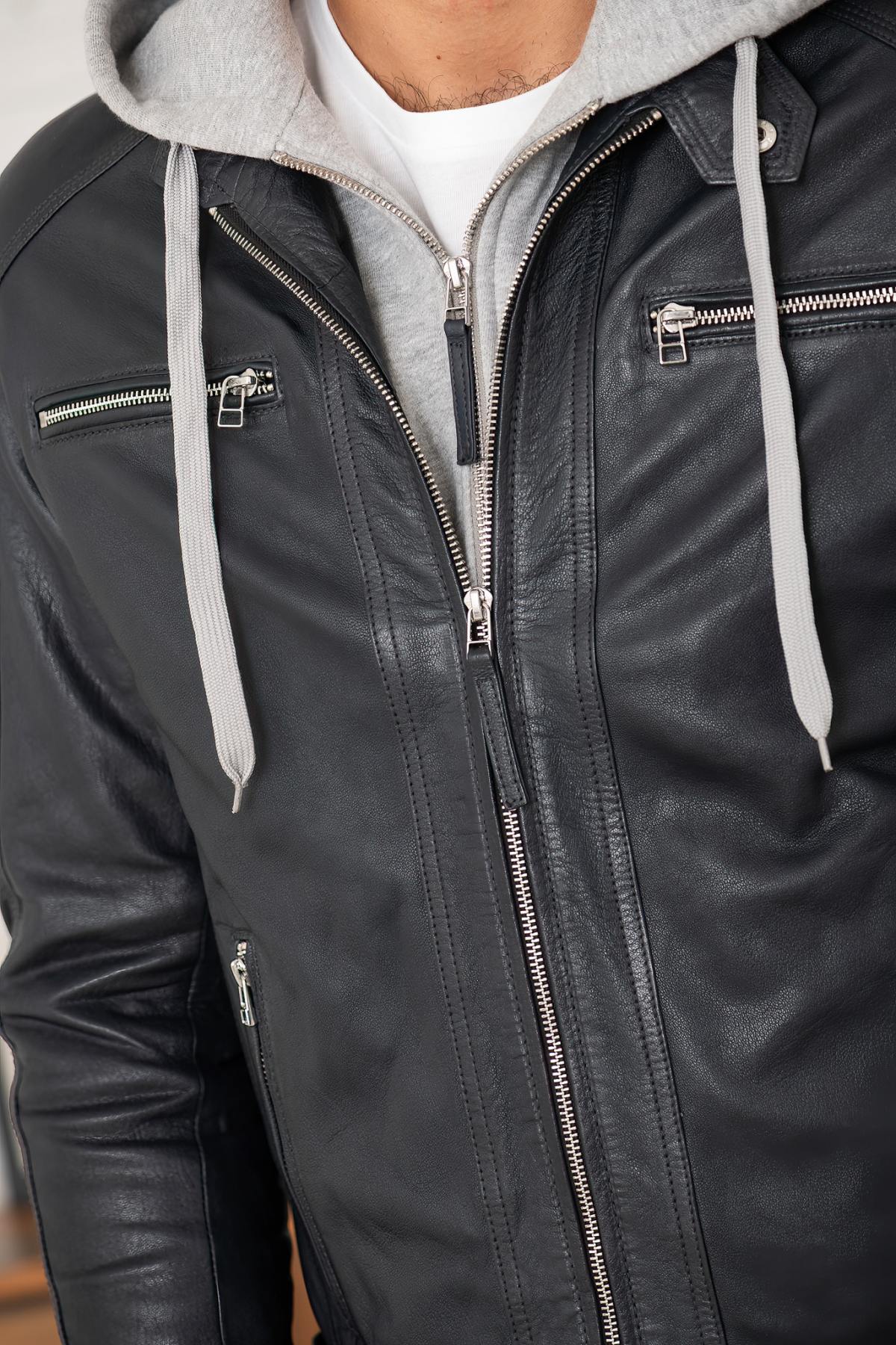 Blue leather jacket with removable gray hood - Image n°5
