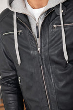 Blue leather jacket with removable gray hood - Image n°5
