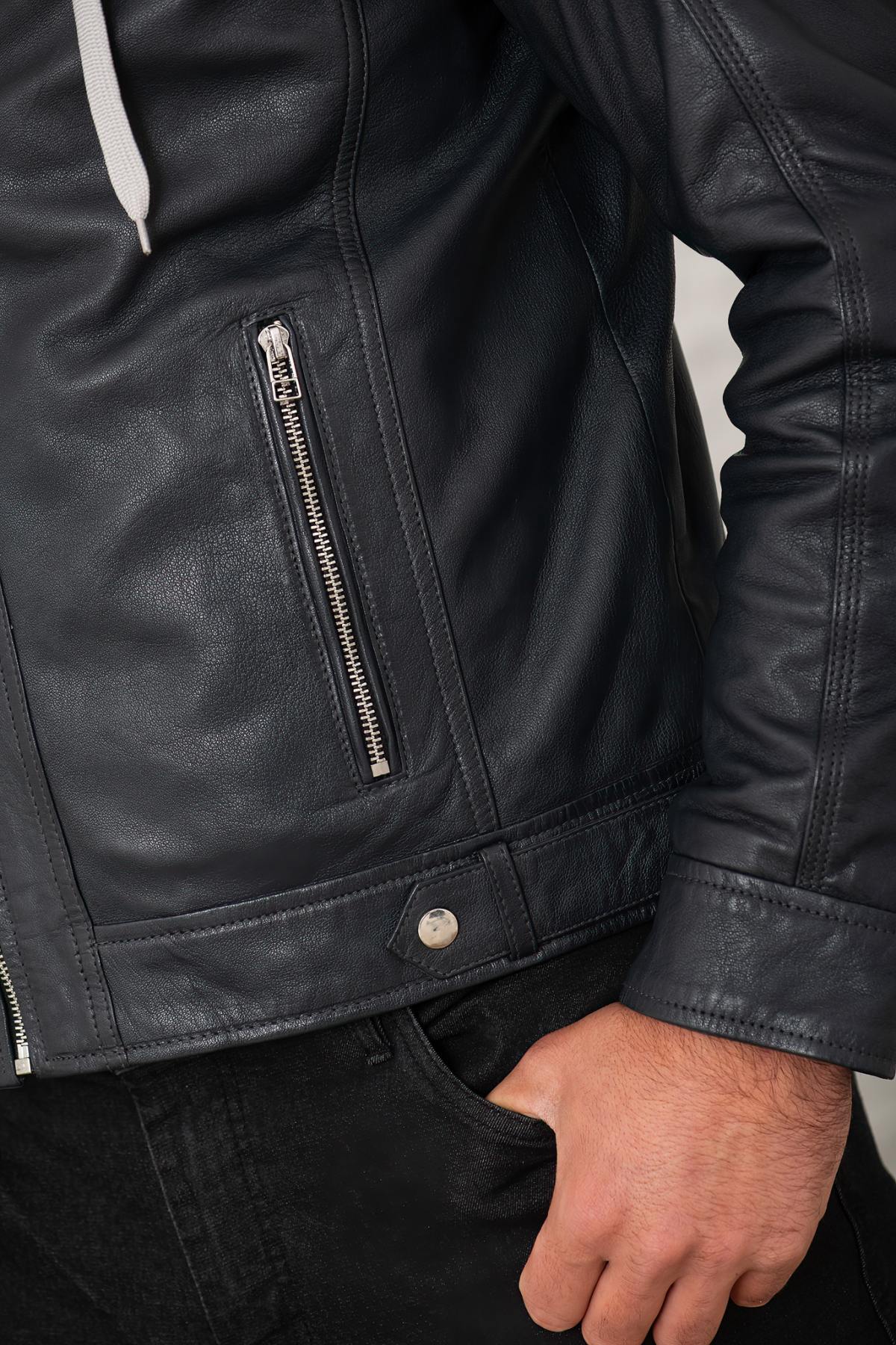 Blue leather jacket with removable gray hood - Image n°6