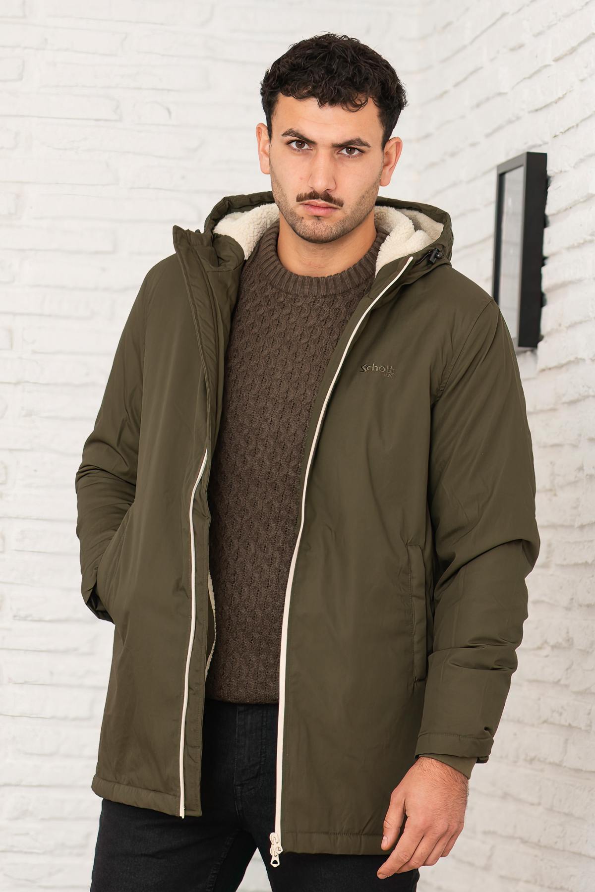Long dark khaki parka with sherpa lining - Image n°4