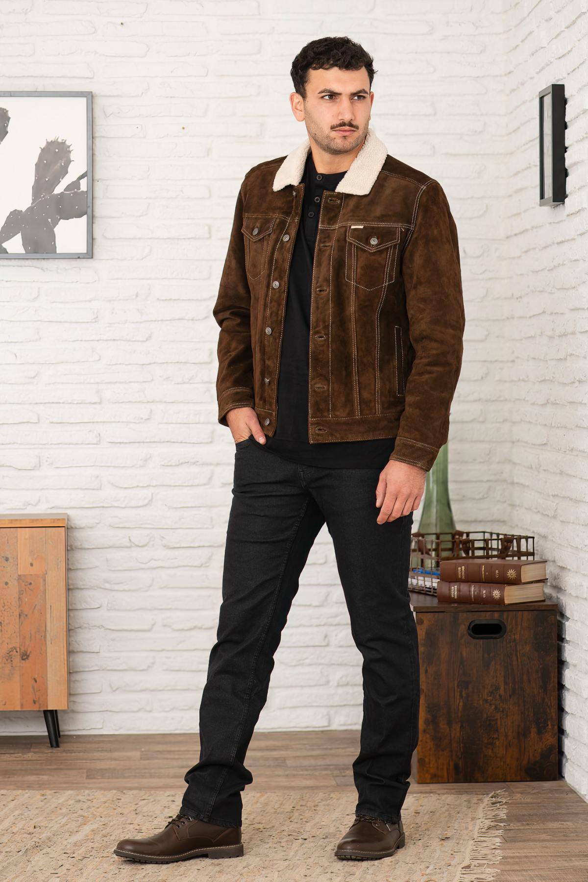 Brown leather adventurer jacket with sherpa lining - Image n°7