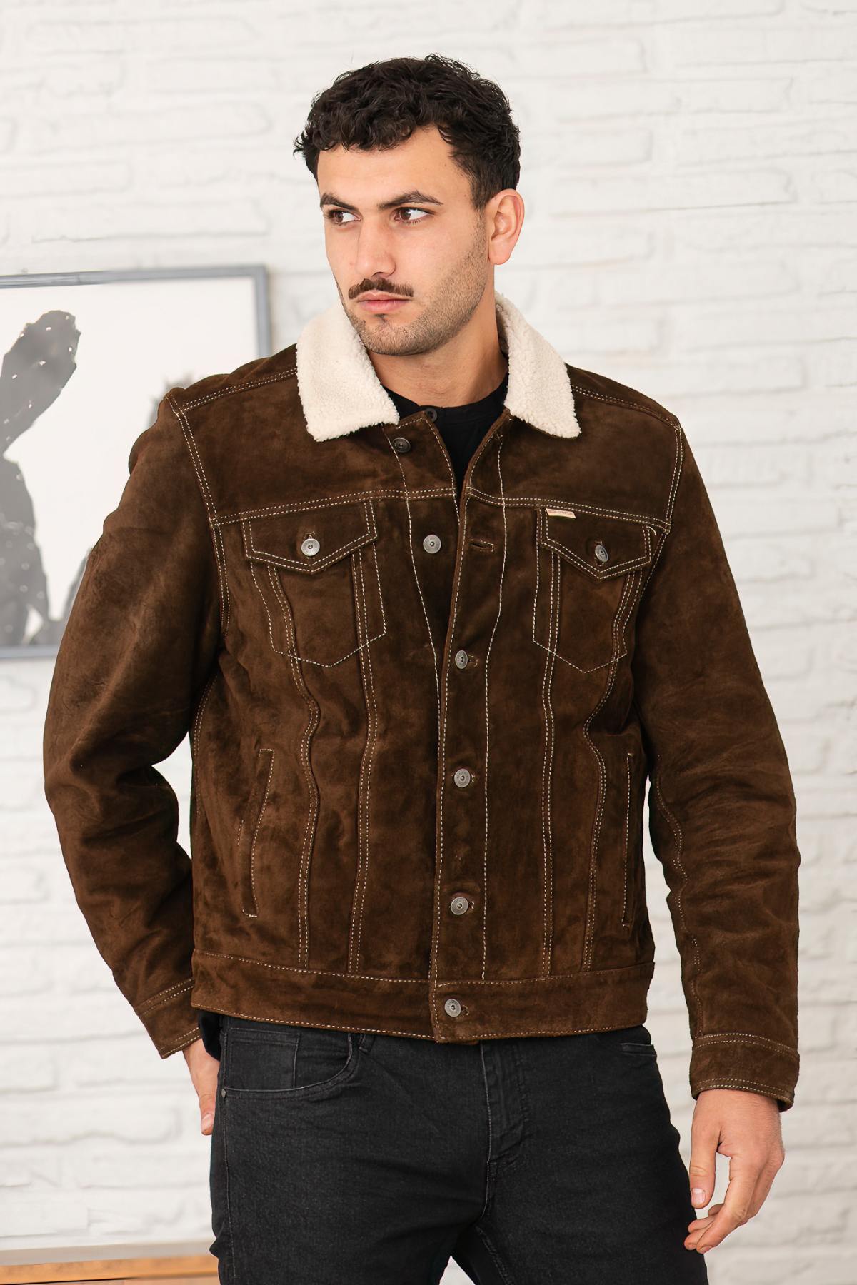 Brown buffalo leather jacket with sherpa lining-warm and rugged. - Image n°3