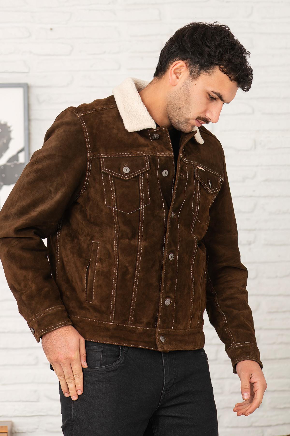 Brown leather adventurer jacket with sherpa lining - Image n°9