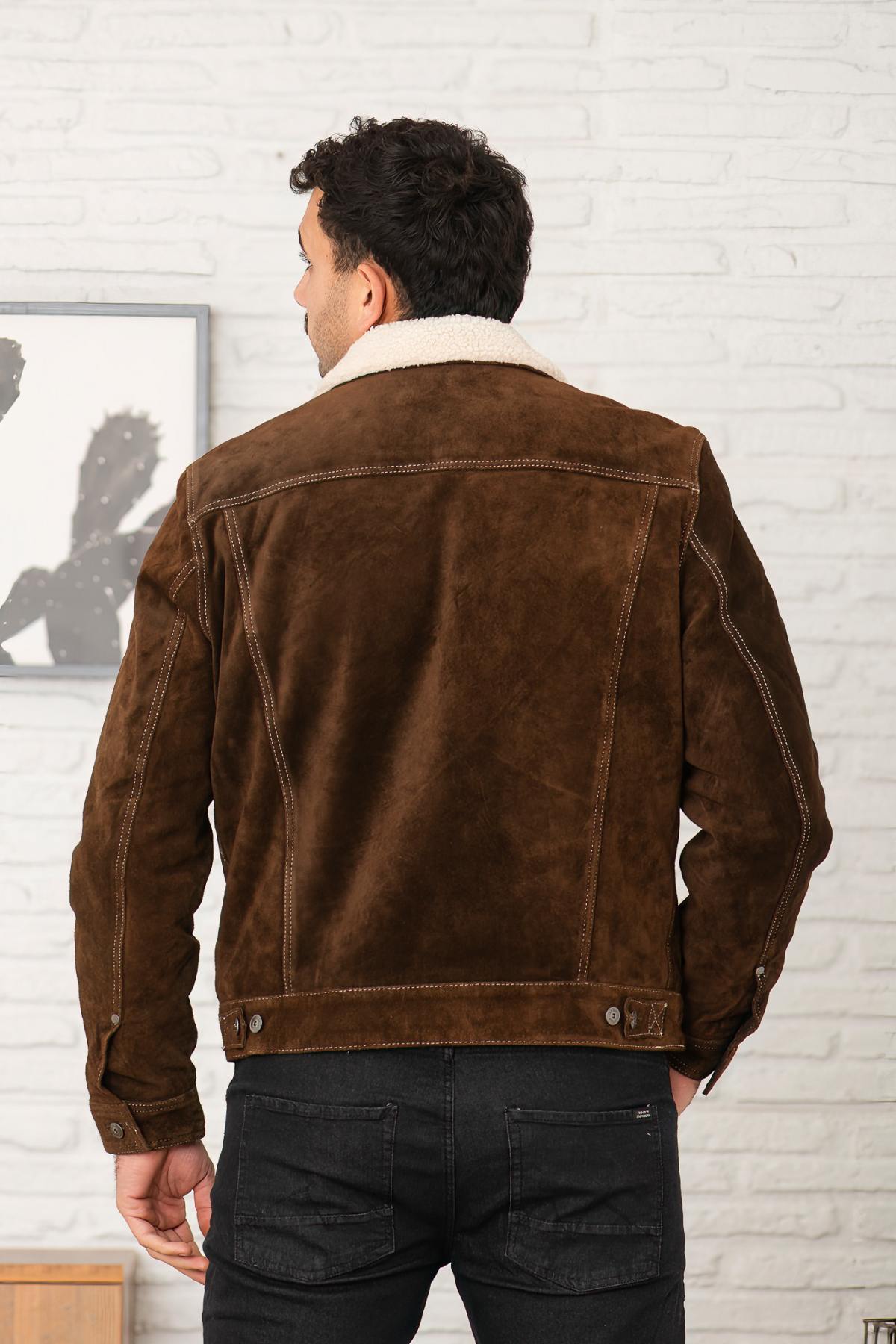 Brown leather adventurer jacket with sherpa lining - Image n°10