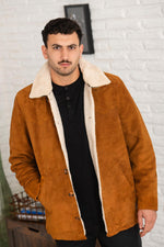 Cognac suede leather jacket with sherpa lining - Image n°7