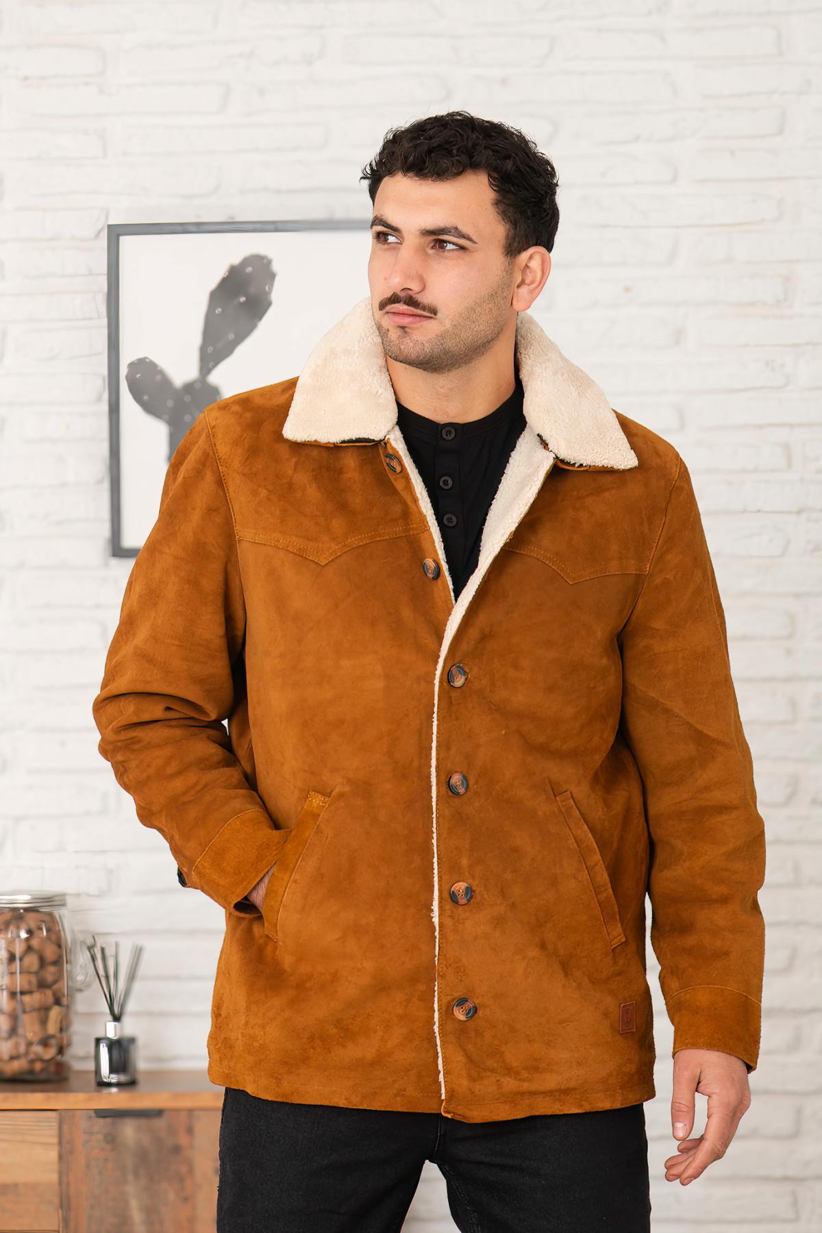 Cognac suede leather jacket with sherpa lining - Image n°1