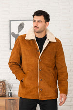 Cognac suede leather jacket with sherpa lining - Image n°1