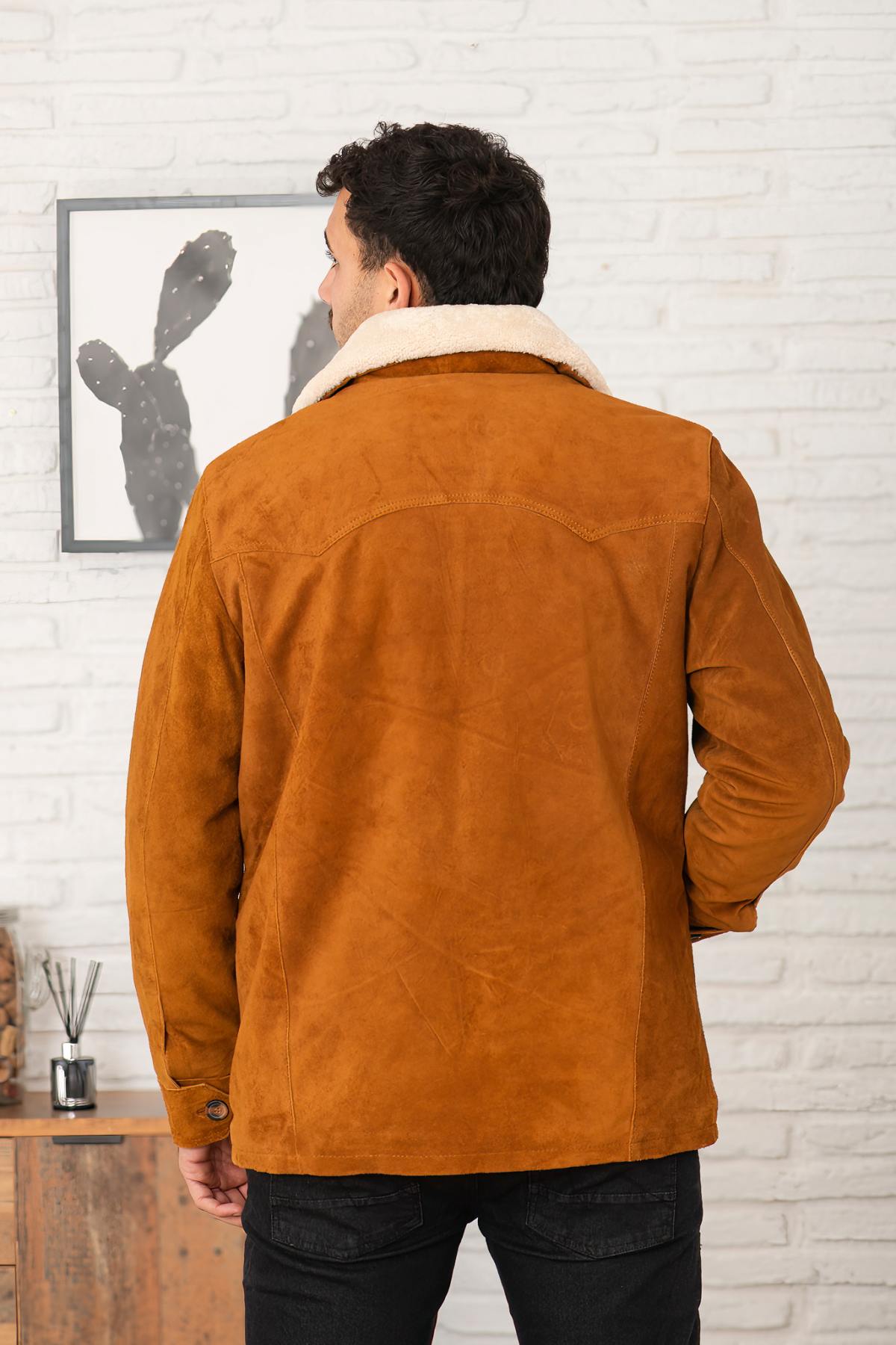 Cognac suede leather jacket with sherpa lining - Image n°2