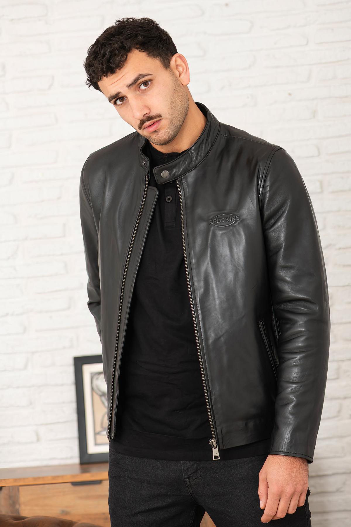 Black leather biker jacket with embossed Redskins logo - Image n°7