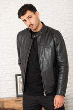 Black leather biker jacket with embossed Redskins logo - Image n°7
