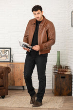 Brown buffalo leather jacket with stand-up collar - Image n°6