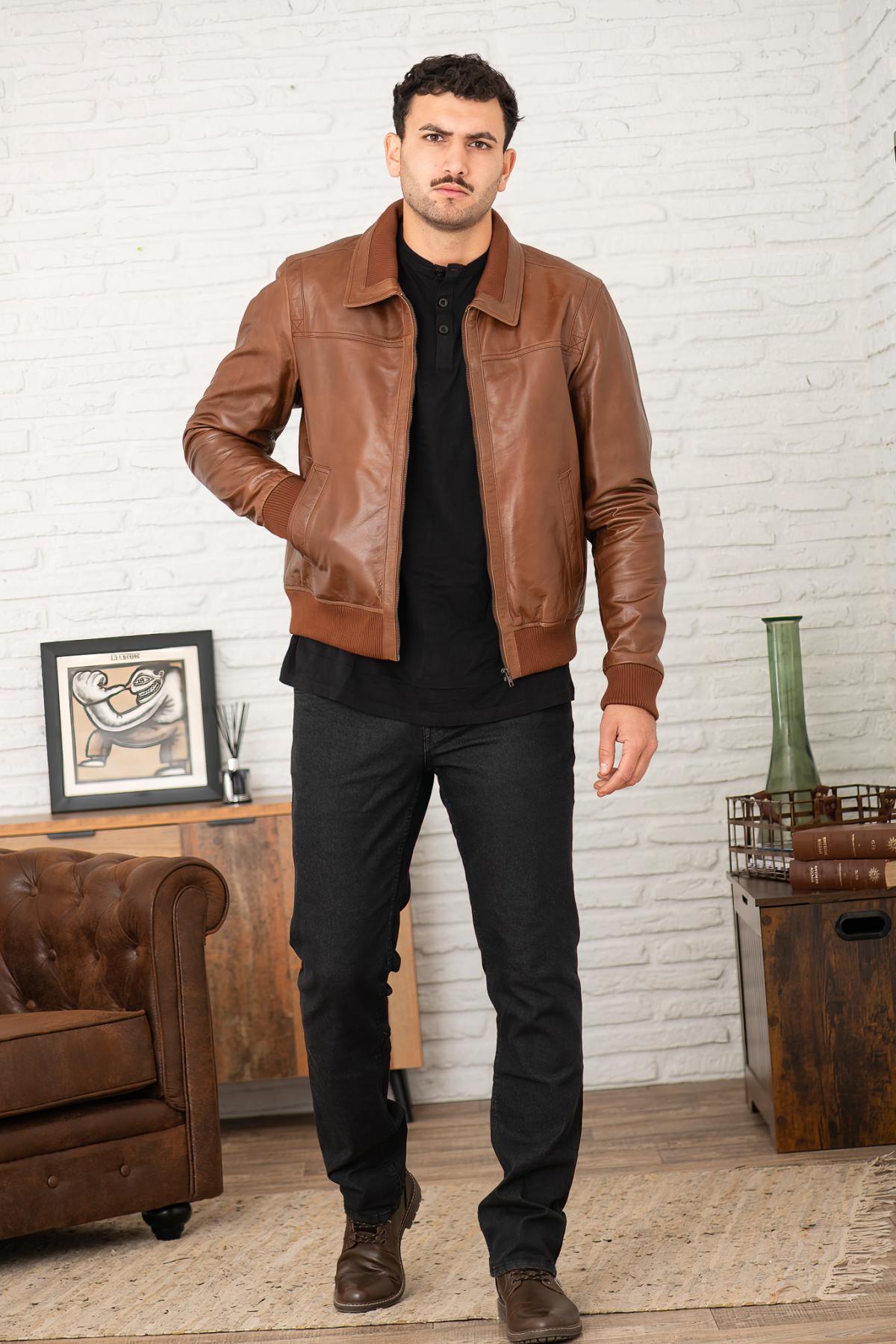 Brown buffalo leather jacket with stand-up collar - Image n°2
