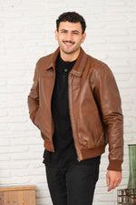Brown buffalo leather jacket with stand-up collar - Image n°1