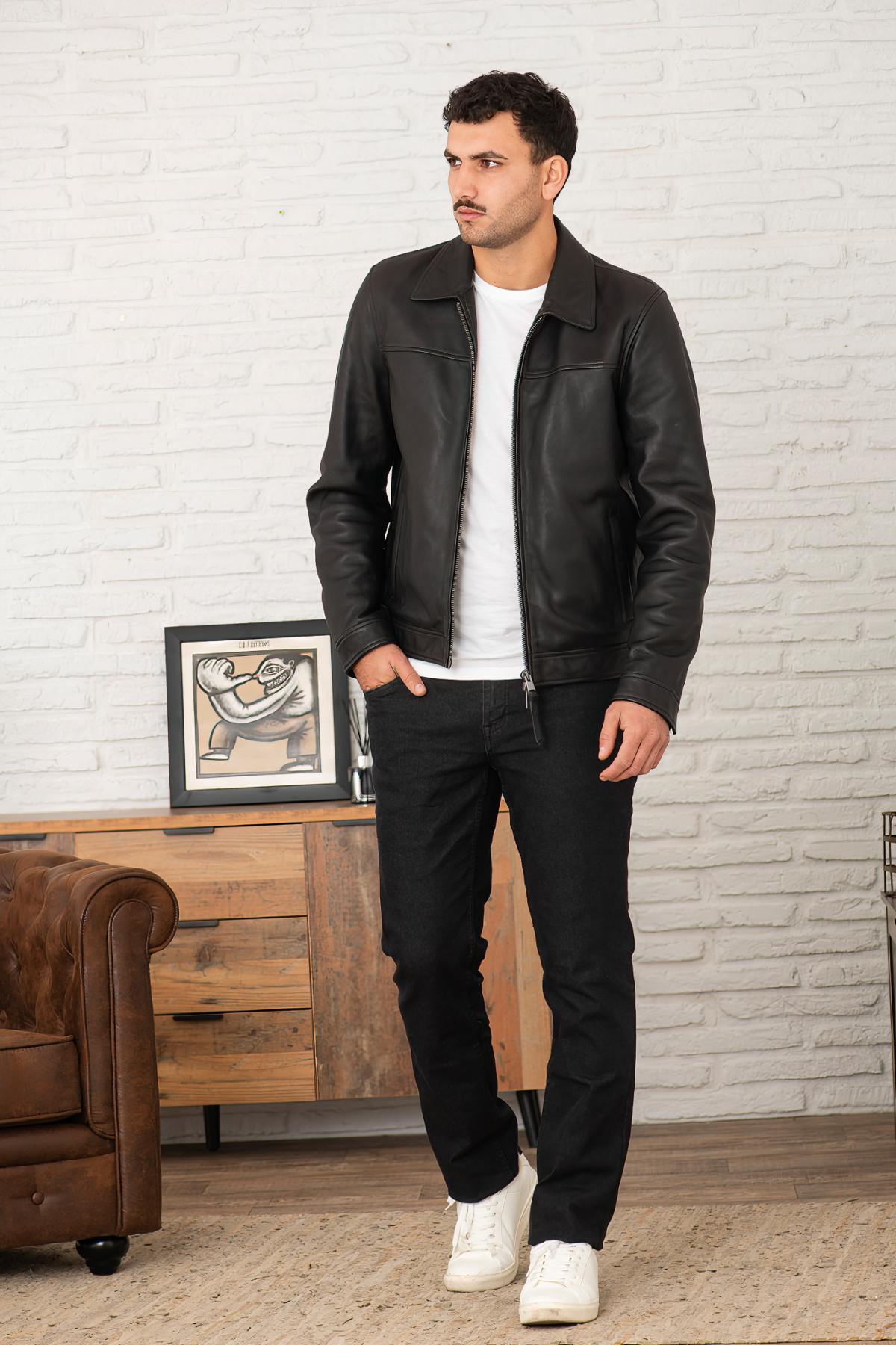 Classic black shirt collar leather jacket - Image n°6