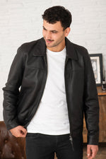 Classic black shirt collar leather jacket - Image n°4