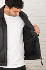 Classic black shirt collar leather jacket - Image n°5
