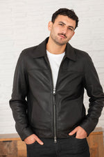 Classic black shirt collar leather jacket - Image n°1
