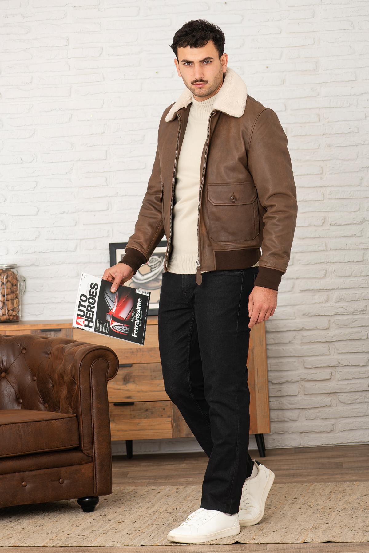 Distressed brown leather bomber jacket - Image n°4