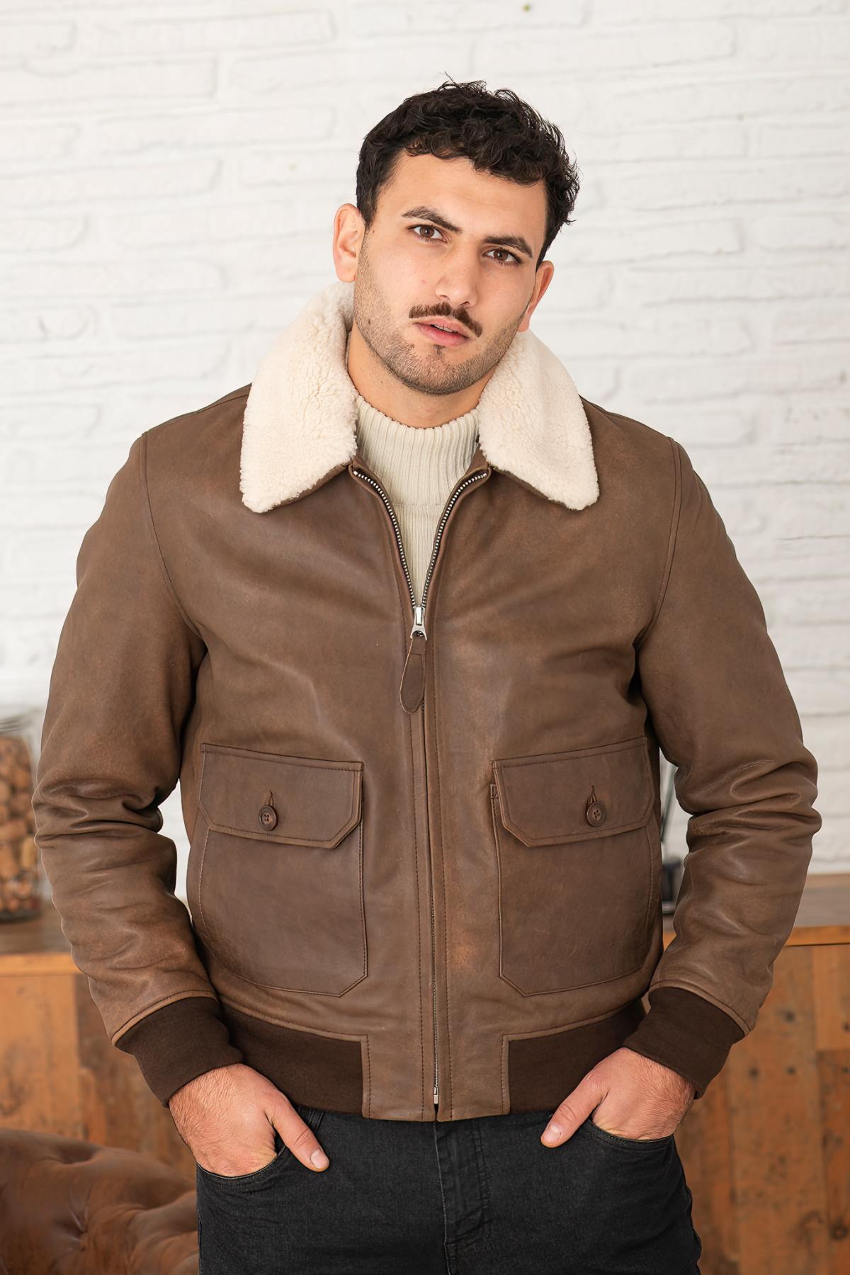 Distressed brown leather bomber jacket - Image n°2