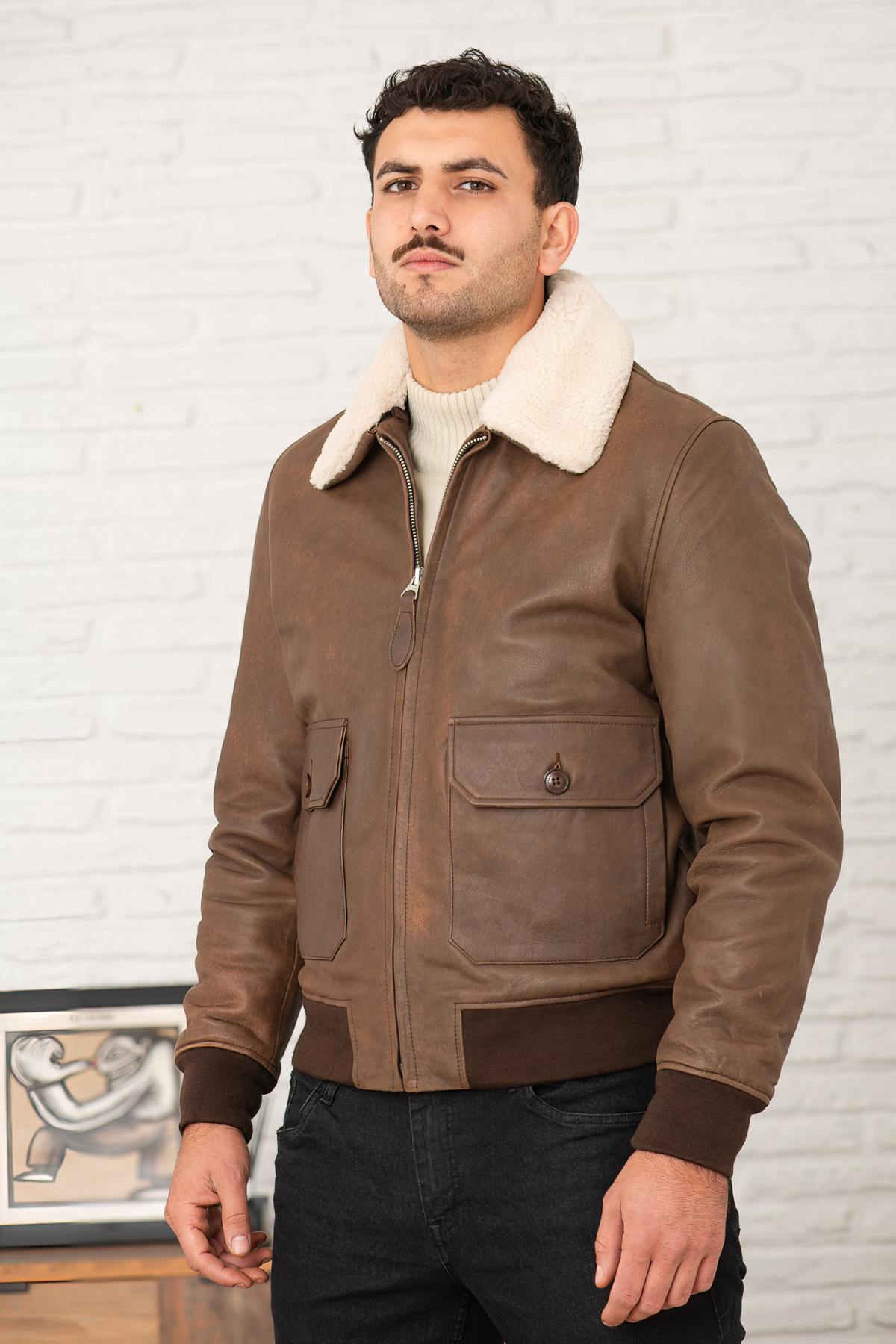Distressed brown leather bomber jacket - Image n°6