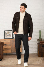 Brown suede buffalo leather jacket with shirt collar - Image n°6