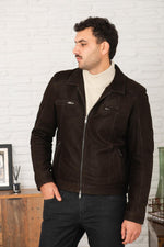 Brown suede buffalo leather jacket with shirt collar - Image n°2