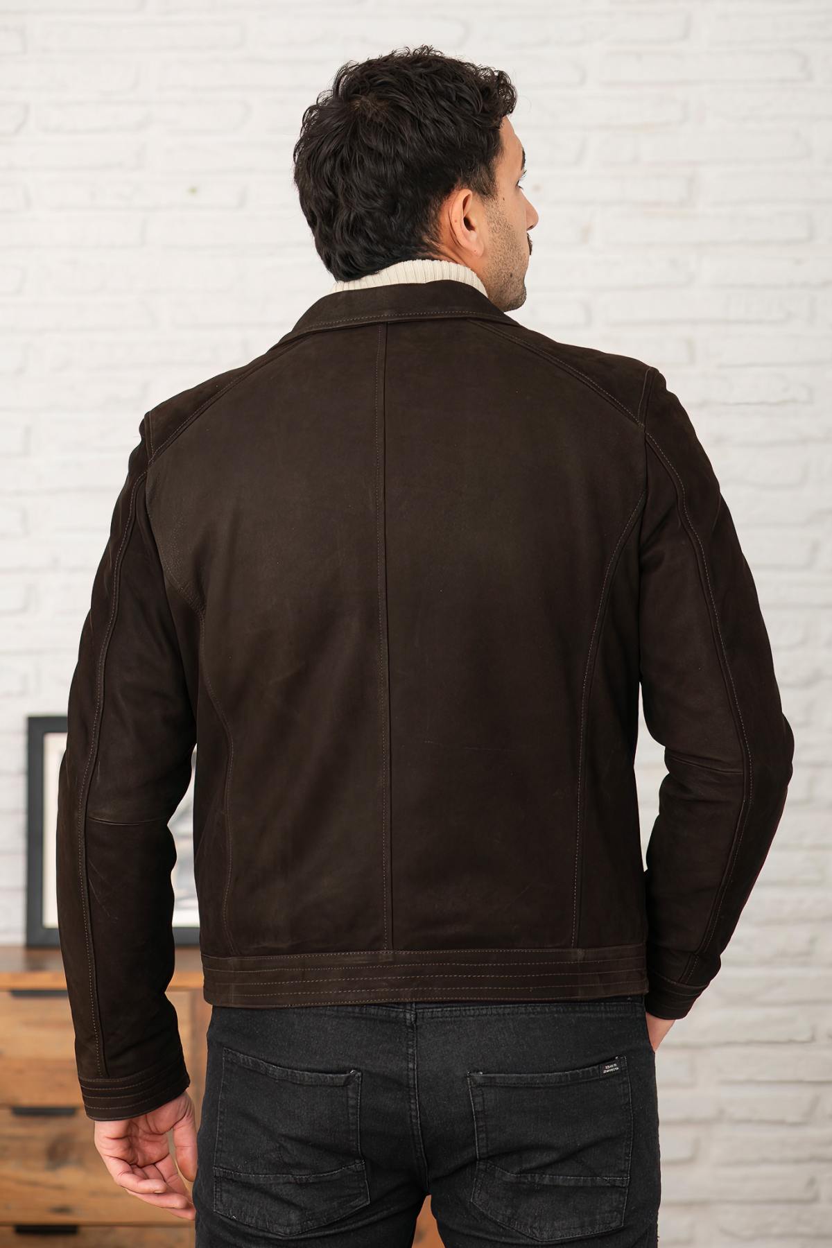 Brown suede buffalo leather jacket with shirt collar - Image n°3