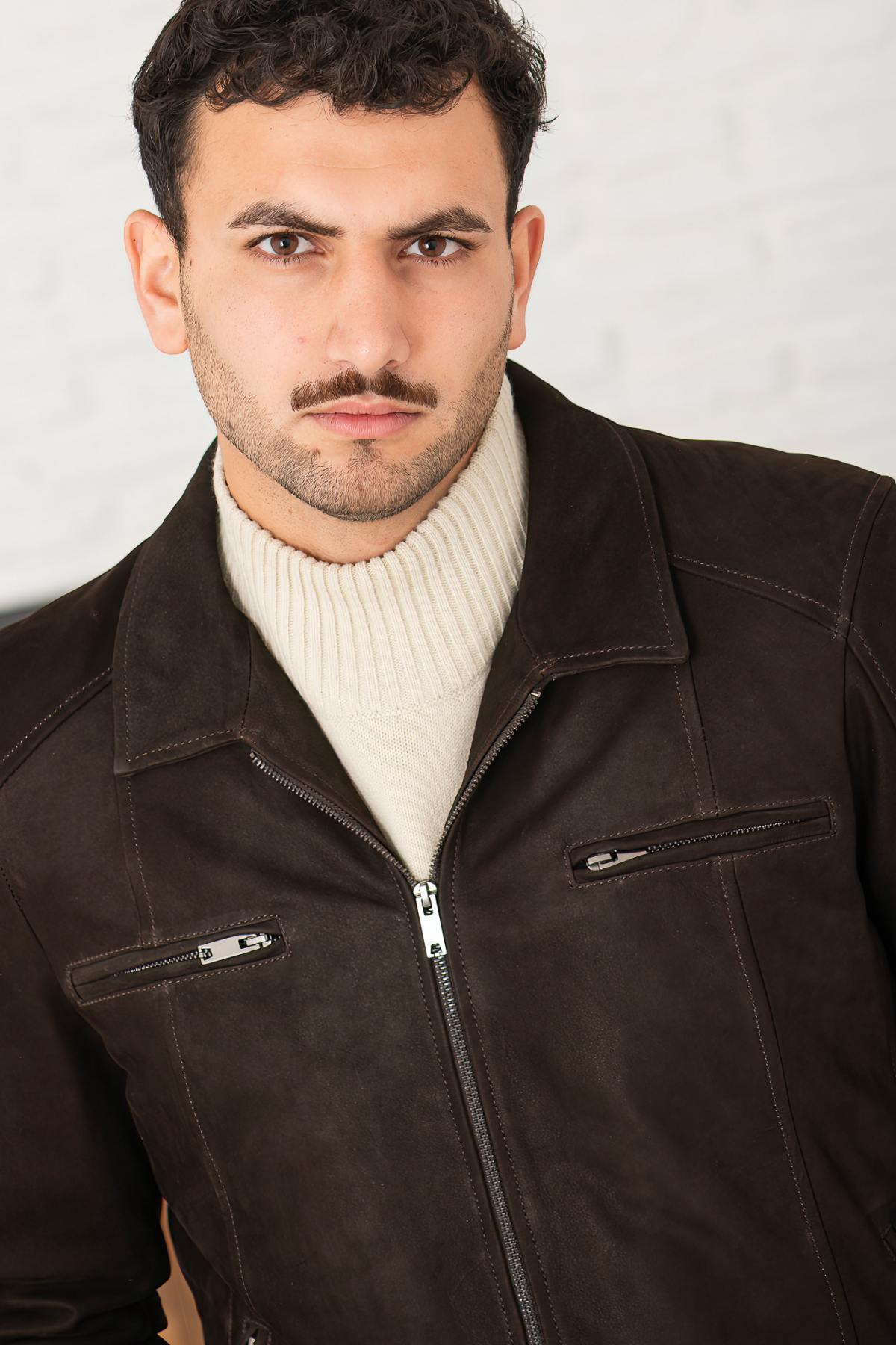 Brown suede buffalo leather jacket with shirt collar - Image n°4