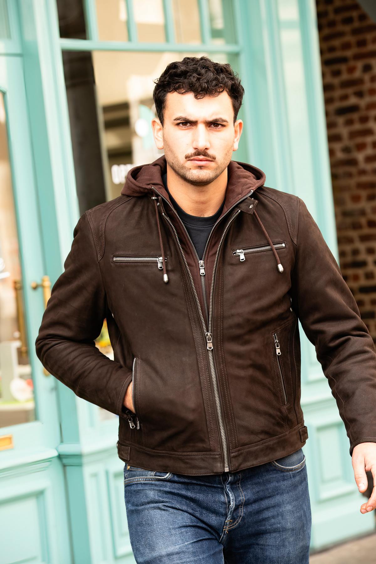 Nubuck cowhide jacket in brown with moto collar and detachable hood. - Image n°3