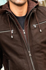 Nubuck cowhide jacket in brown with moto collar and detachable hood. - Image n°2