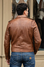 Slim dark cognac lambskin biker jacket, lightweight and timeless. - Image n°3